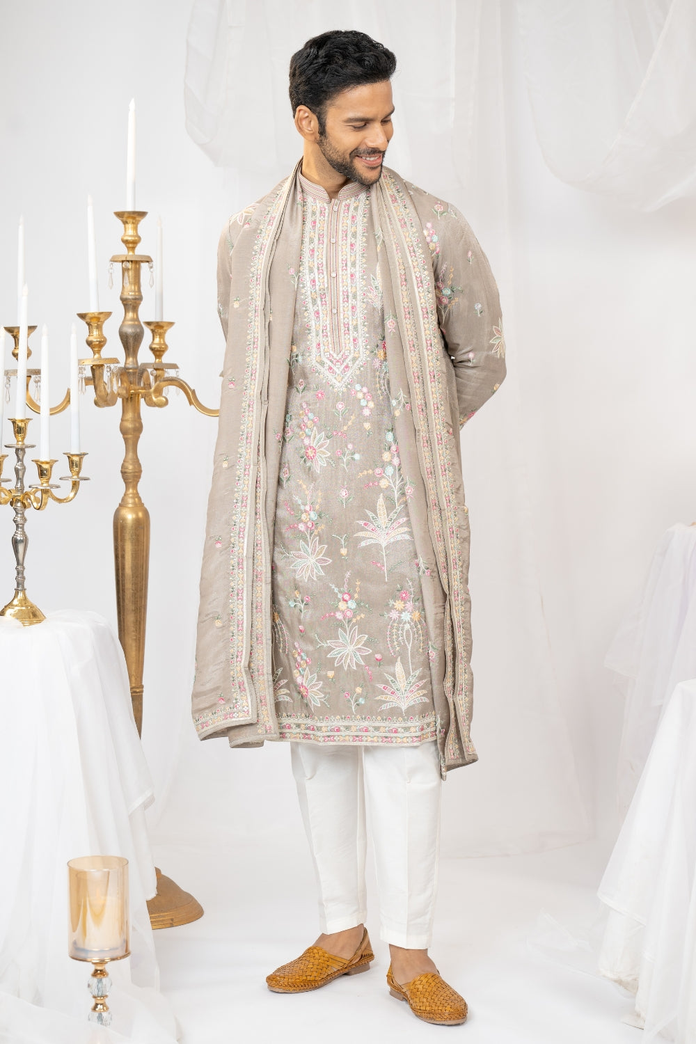 Soft Champagne Tissue Silk Kurta Set With Sequins And Resham Embroidery