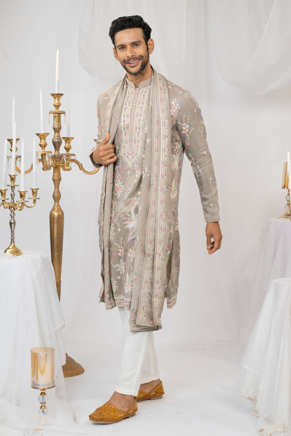 Soft Champagne Tissue Silk Kurta Set With Sequins And Resham Embroidery
