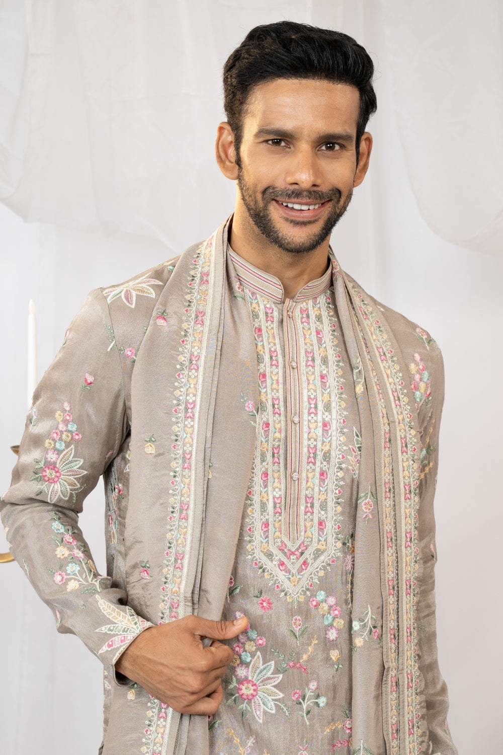 Soft Champagne Tissue Silk Kurta Set With Sequins And Resham Embroidery