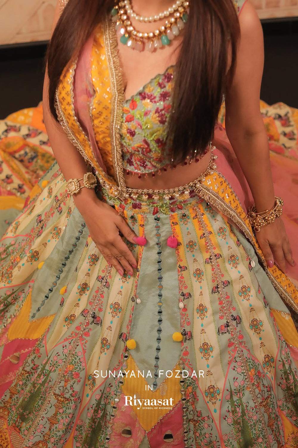 Multi Art Silk Printed Festive Lehanga with Mirror and Resham Work