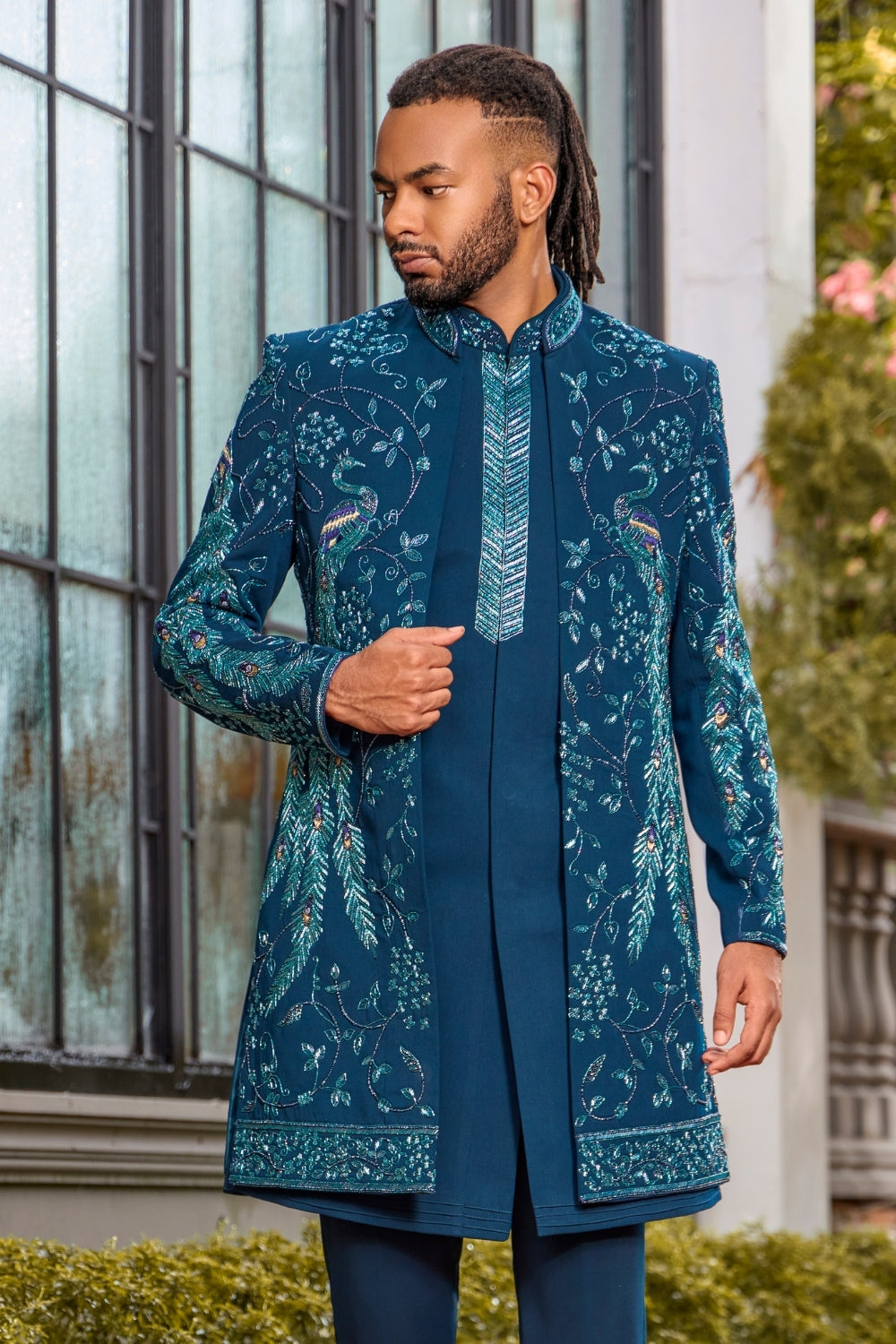 Teal Blue Silk Indo-Western Set with Resham Embroidery