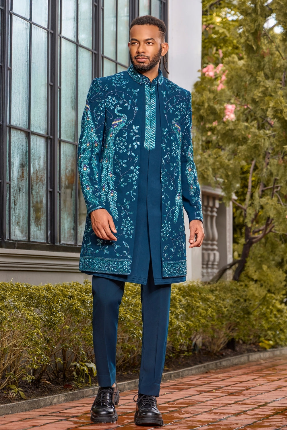 Teal Blue Silk Indo-Western Set with Resham Embroidery