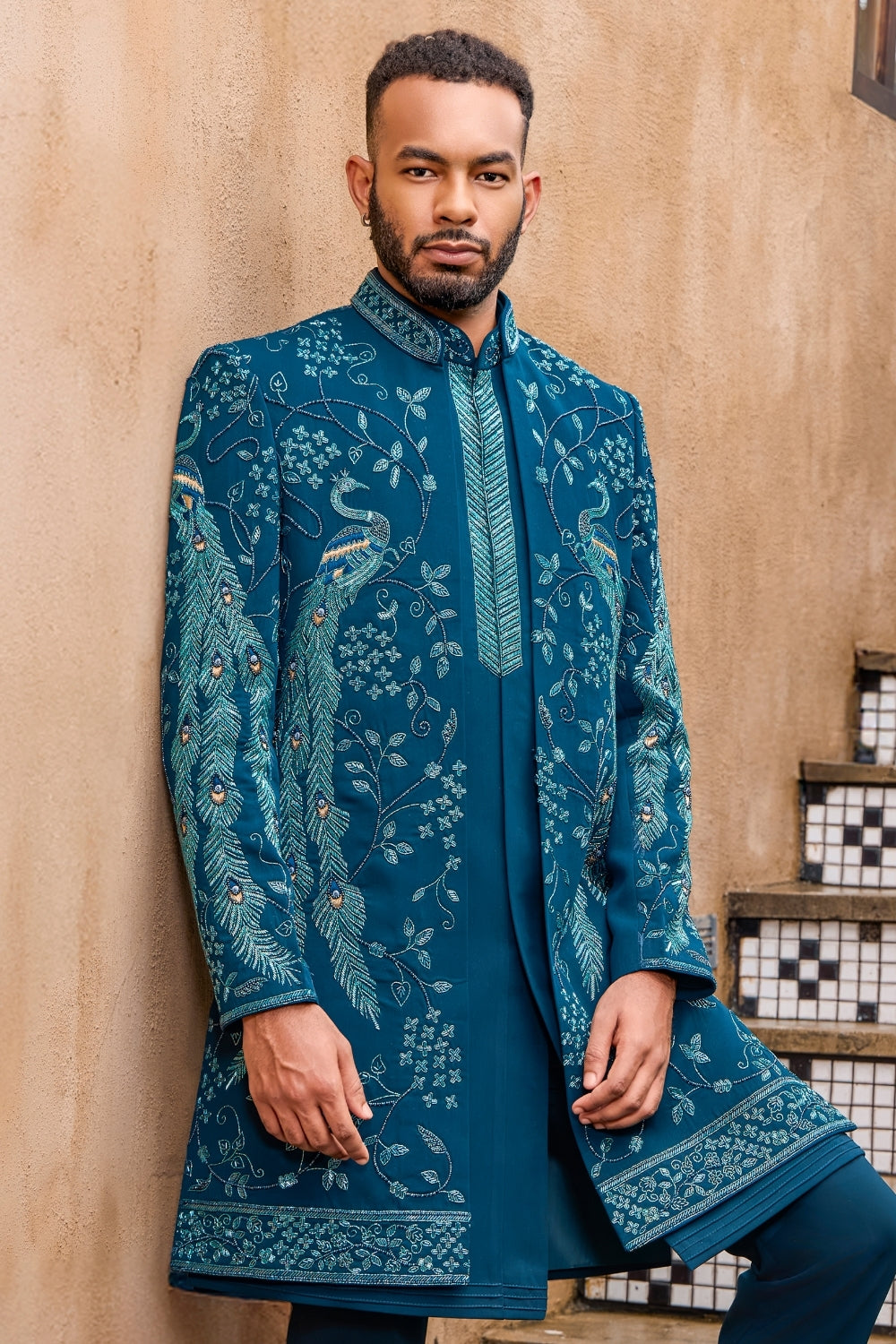 Teal Blue Silk Indo-Western Set with Resham Embroidery