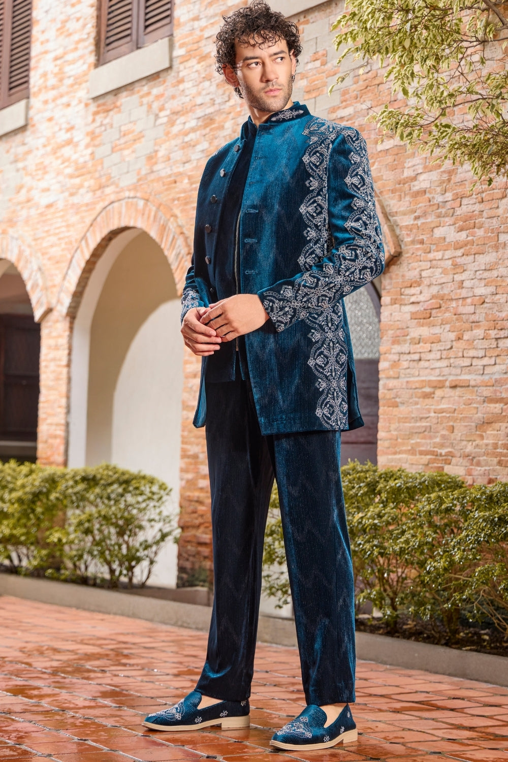 Teal Green Velvet Indo-Western Set with Cutdana Work