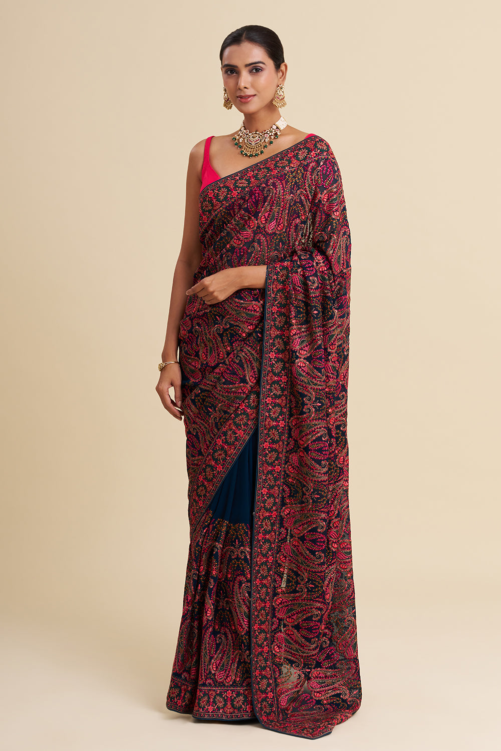 Teal Blue Georgette Aari Embroidered Saree