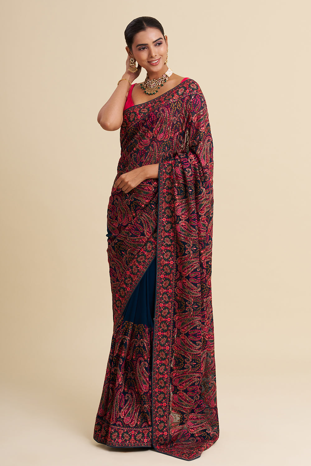 Teal Blue Georgette Aari Embroidered Saree
