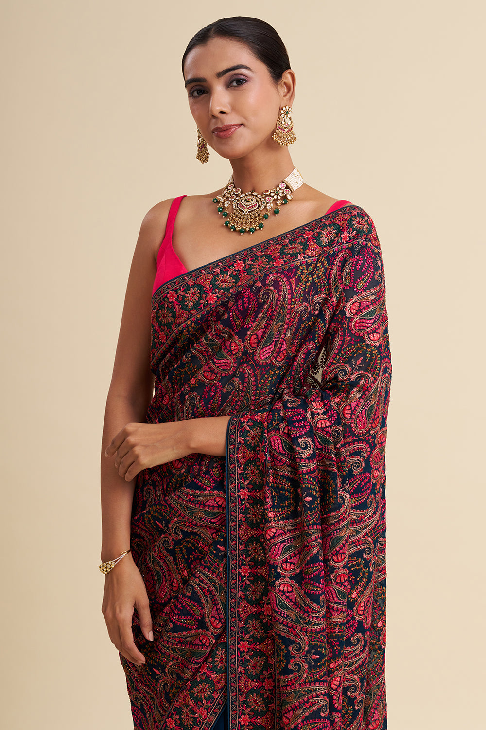 Teal Blue Georgette Aari Embroidered Saree