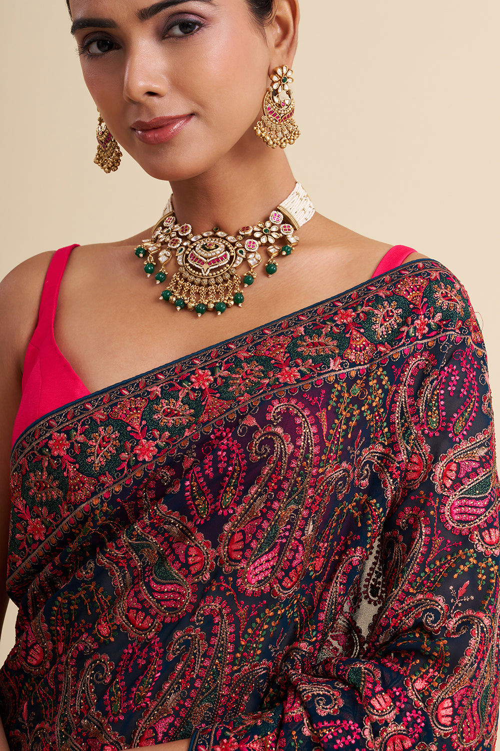 Teal Blue Georgette Aari Embroidered Saree