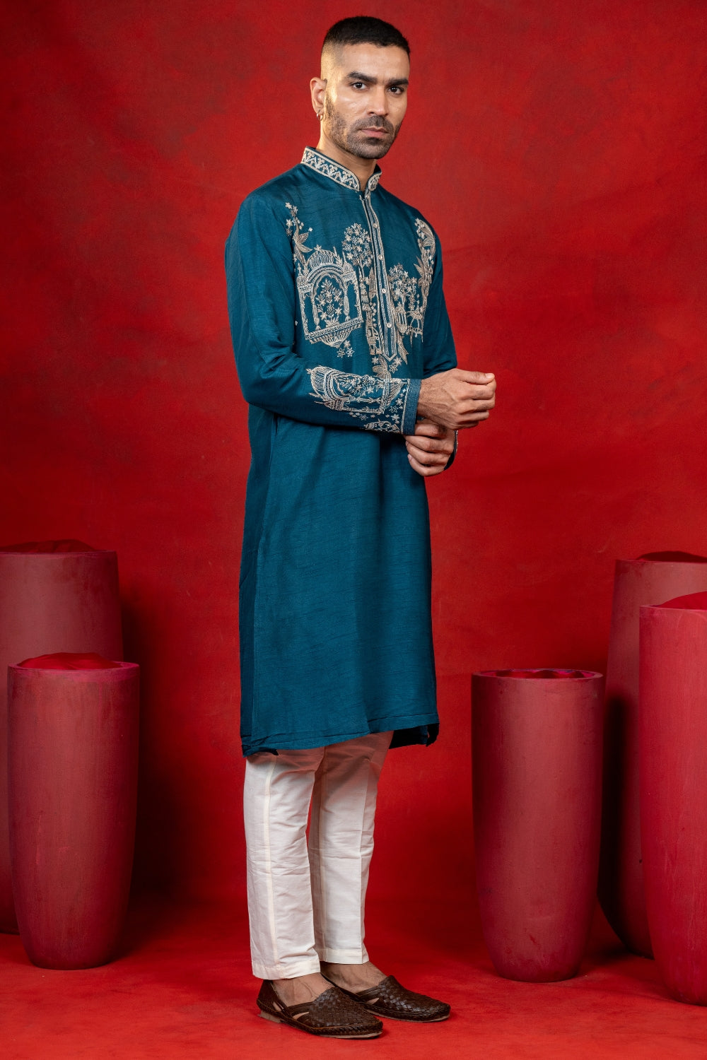 Teal Blue Silk Kurta Set with Cutdana Work