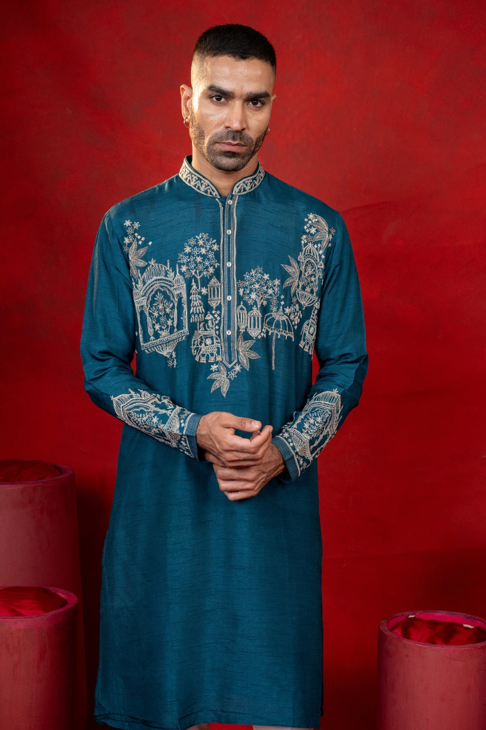 Teal Blue Silk Kurta Set with Cutdana Work