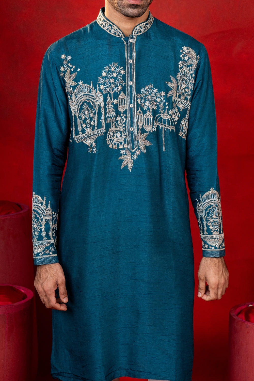 Teal Blue Silk Kurta Set with Cutdana Work