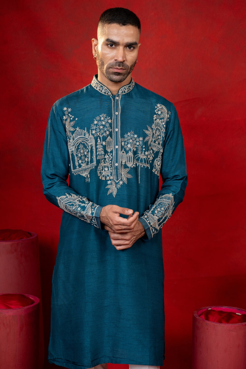 Teal Blue Silk Kurta Set with Cutdana Work