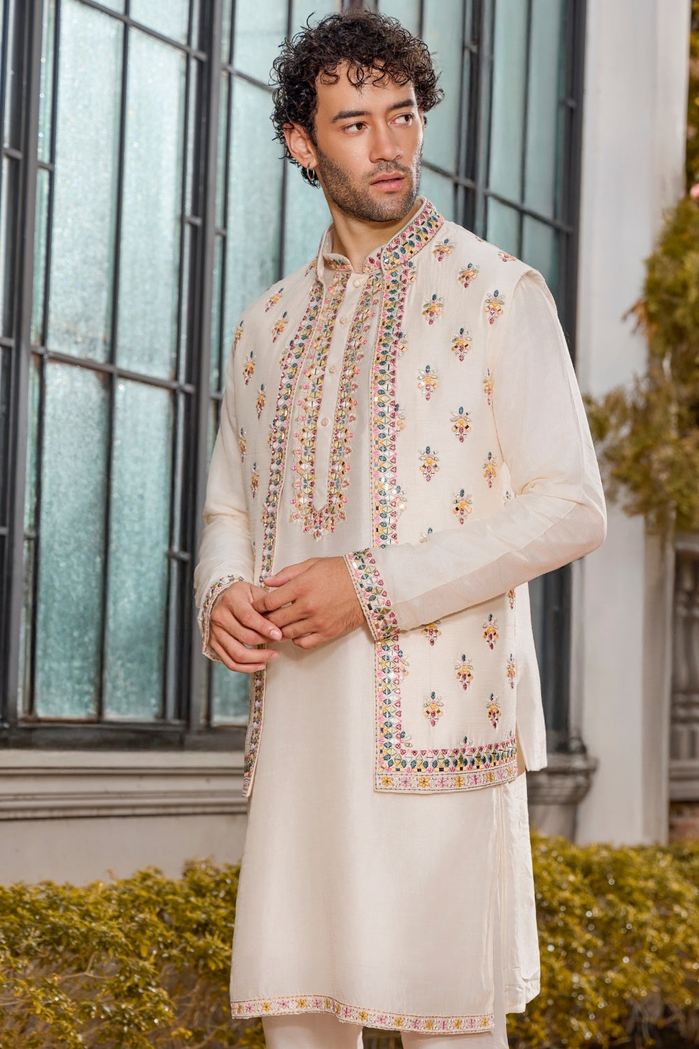 Ivory Silk Indo Western With Mirror And Sequins