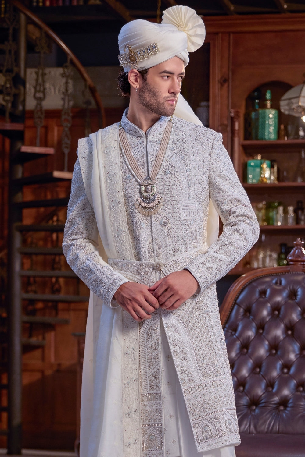 White Silk Sherwani with Cutdana Work