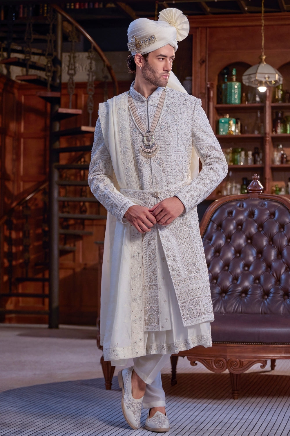 White Silk Sherwani with Cutdana Work