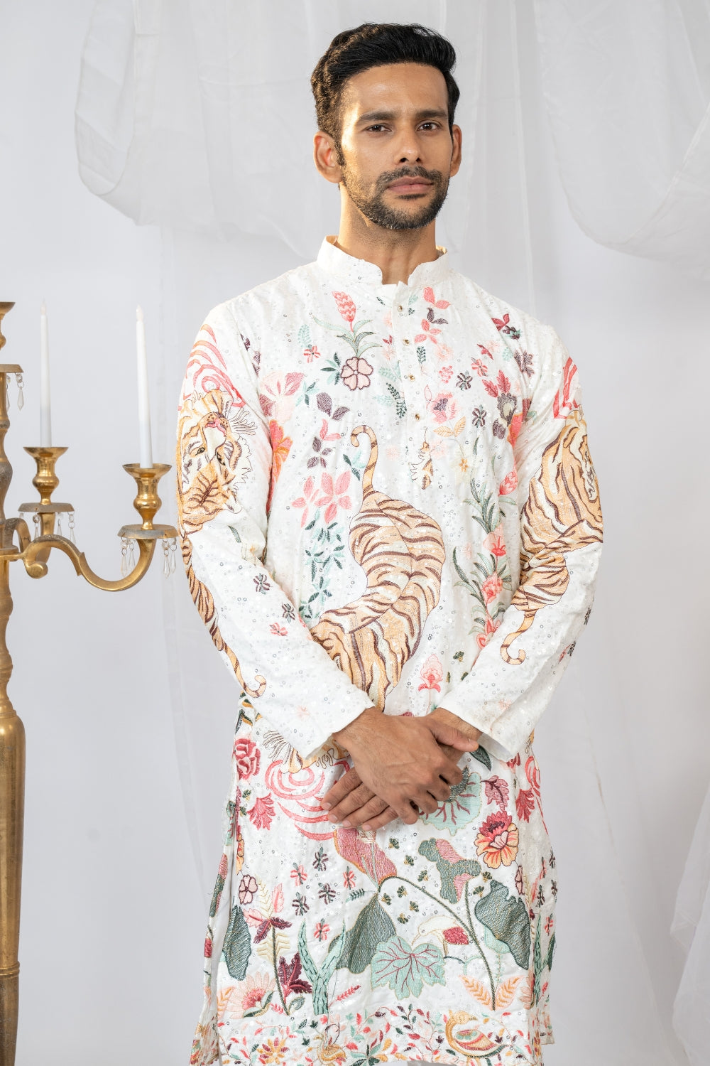 Semi Silk Kurta Set With Sequins And Resham Embroidery