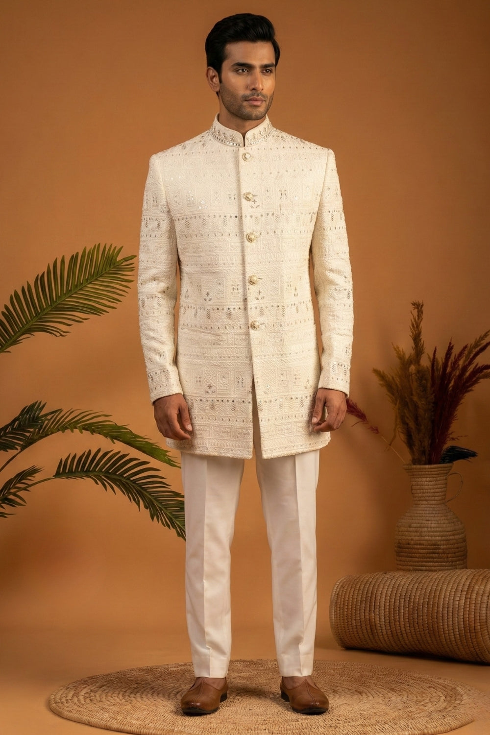 White Silk Jodhpuri Set With Mirror And Sequins Work
