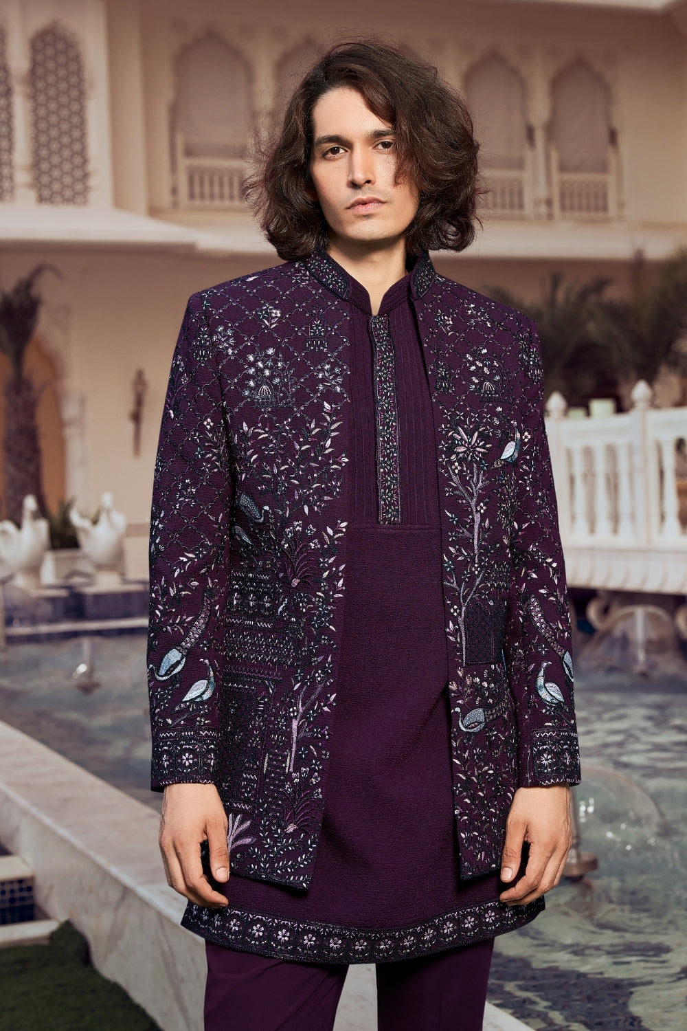Wine Imported Indo Western With Sequins And Resham Embroidery