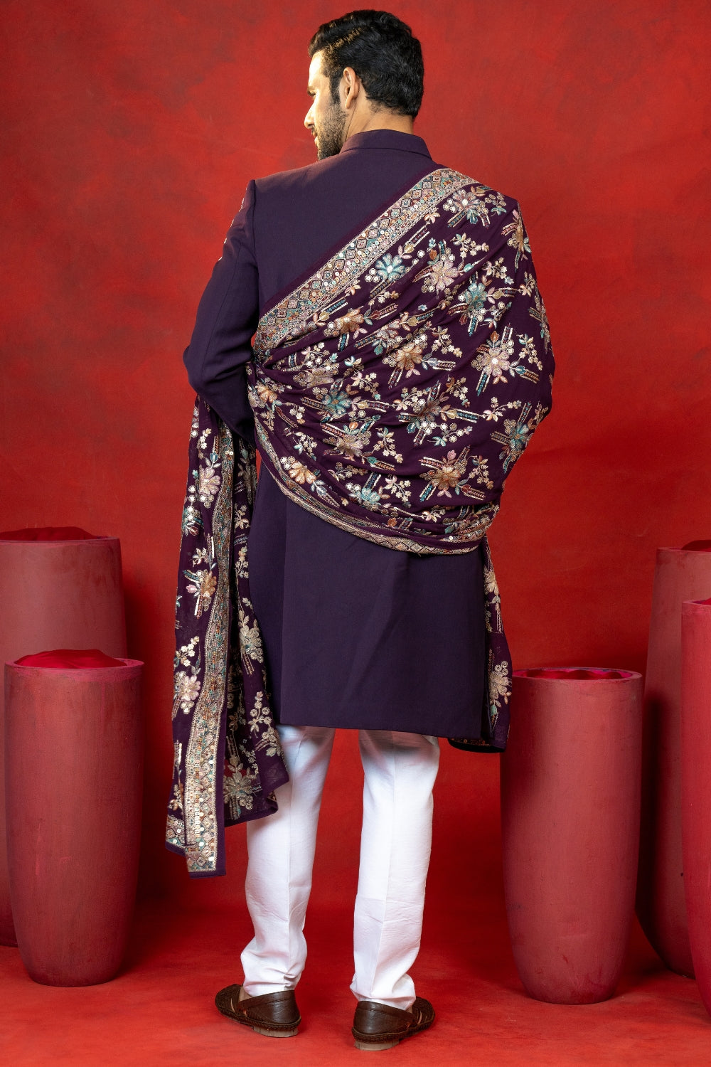 Wine Imported Nawabi With Sequins And Resham Embroidery