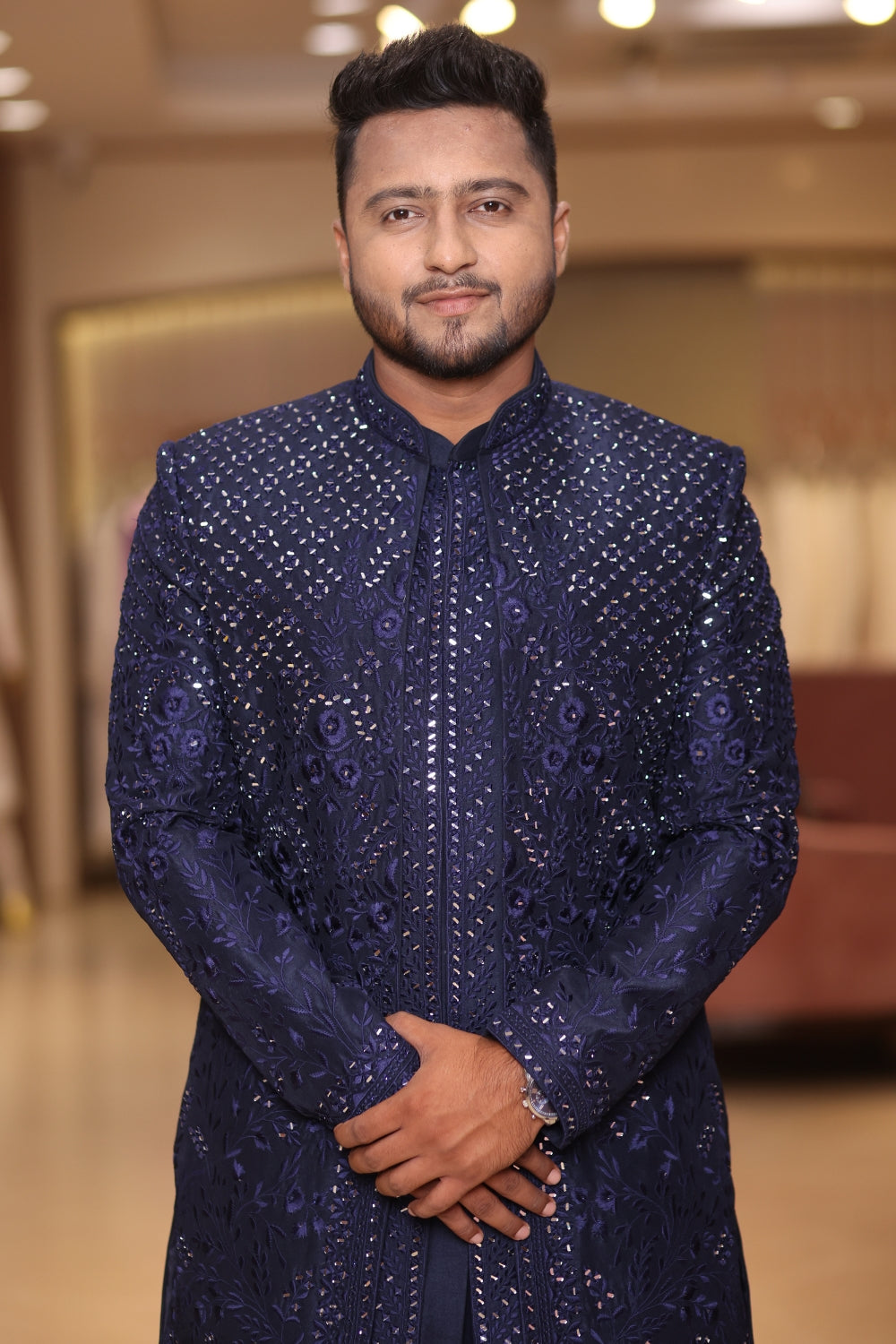 Dark Blue Silk Indo Western With Mirror And Thread Embroidery