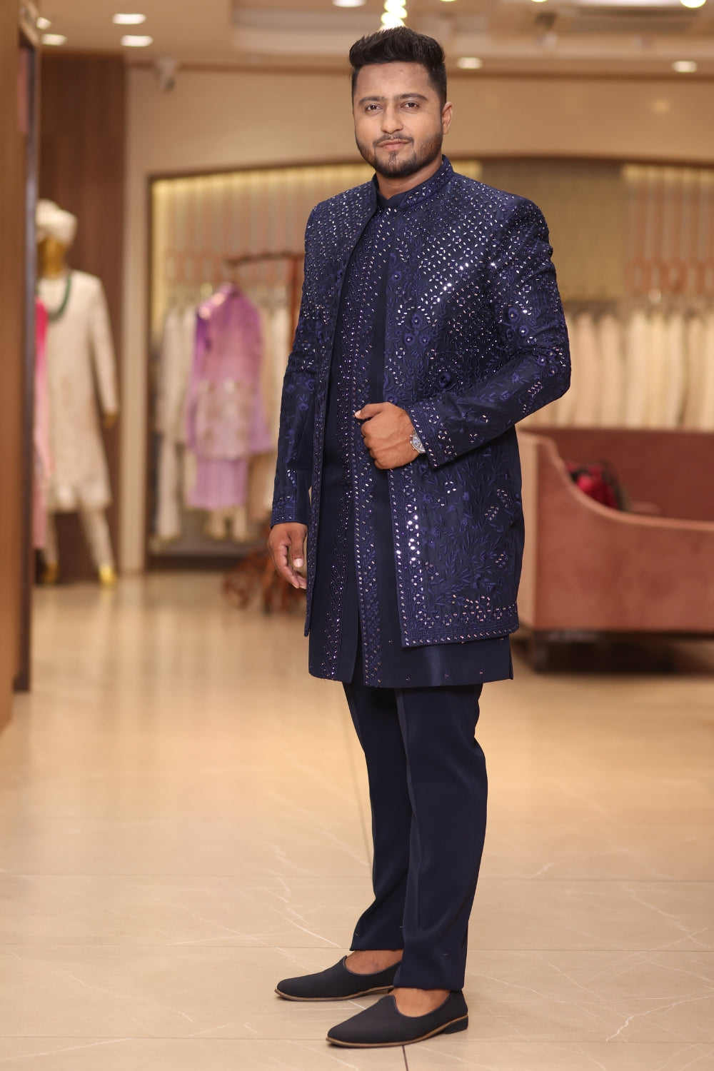Dark Blue Silk Indo Western With Mirror And Thread Embroidery