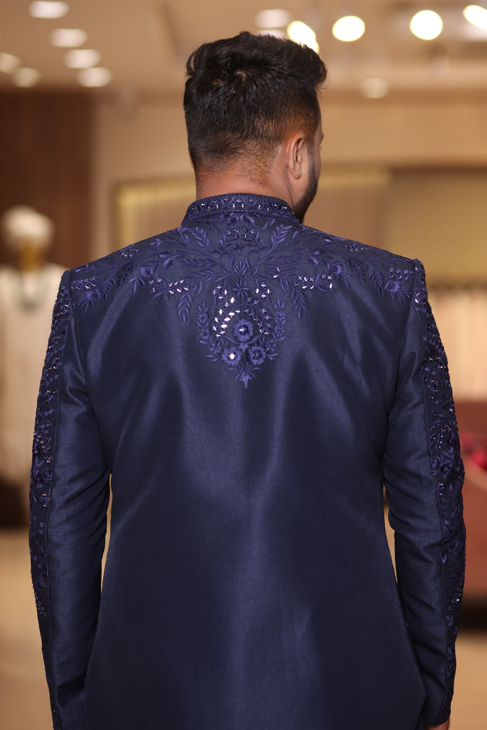 Dark Blue Silk Indo Western With Mirror And Thread Embroidery
