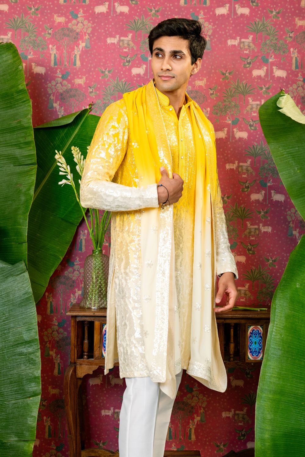 Yellow Georgette Kurta Set With Sequins Embroidery And Matching Dupatta