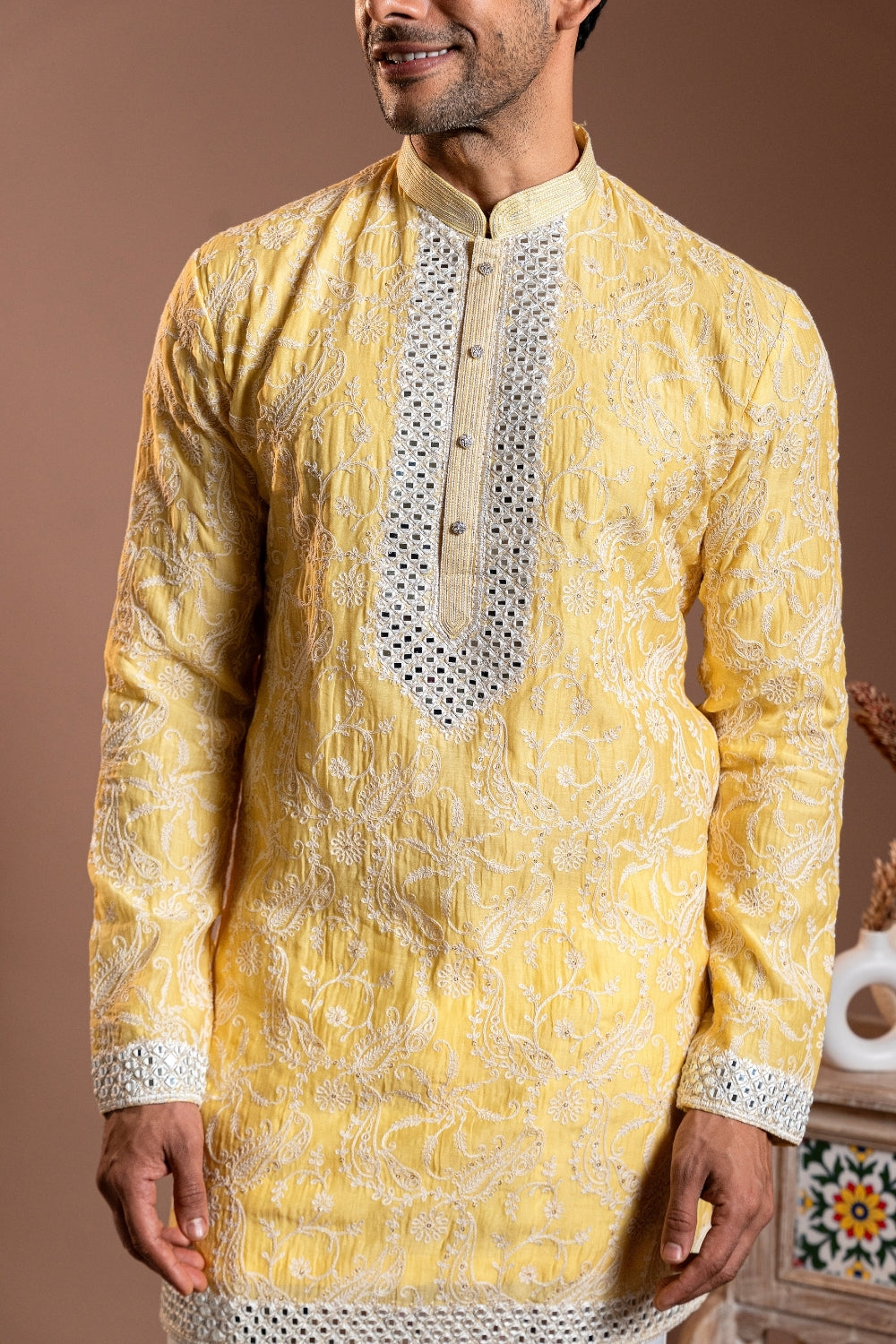 Yellow Semi Silk Kurta Set With Mirror And Sequins Work