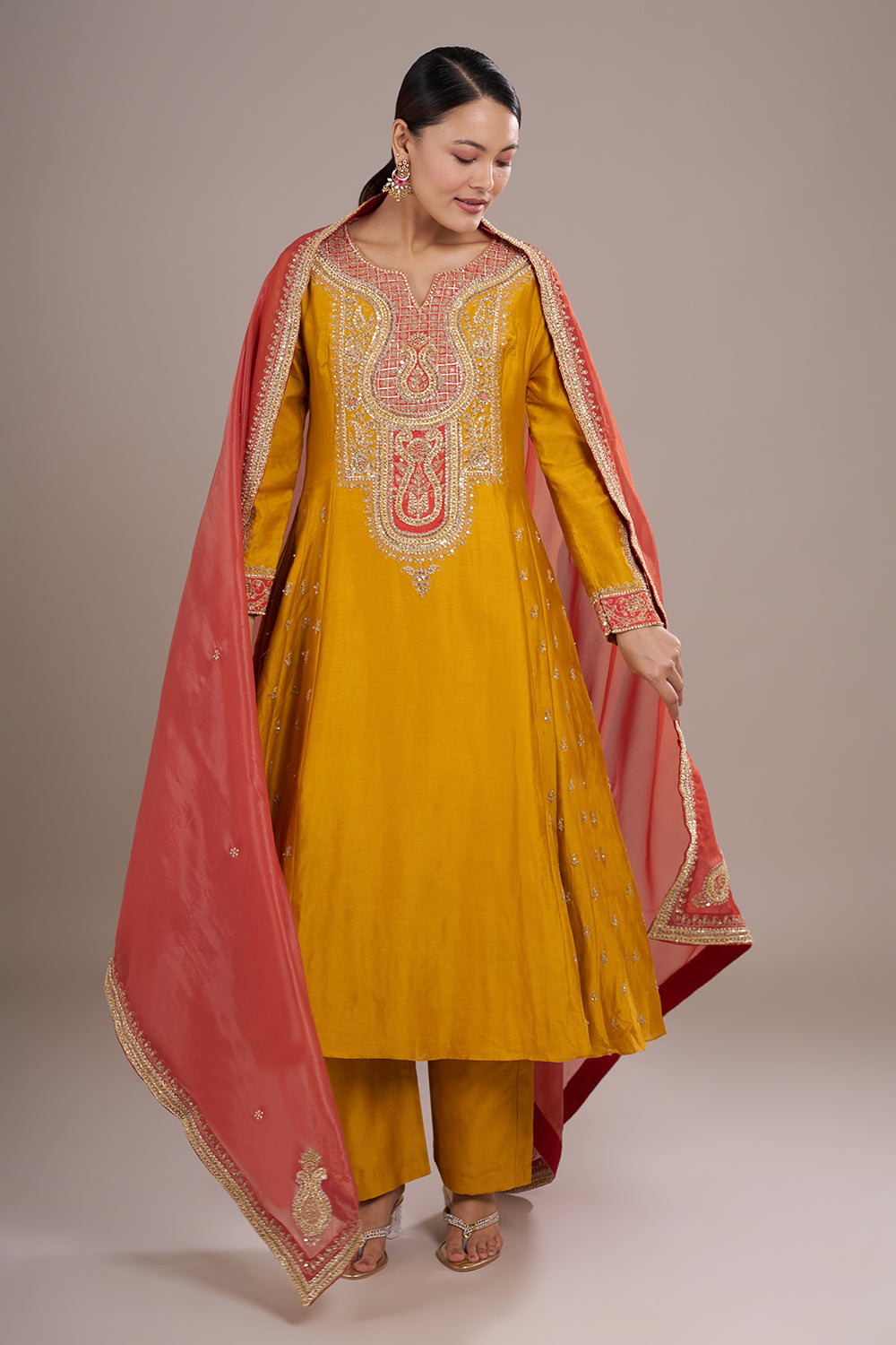Amber Yellow Silk Anarkali Set with Contrast Coral Zardozi Work