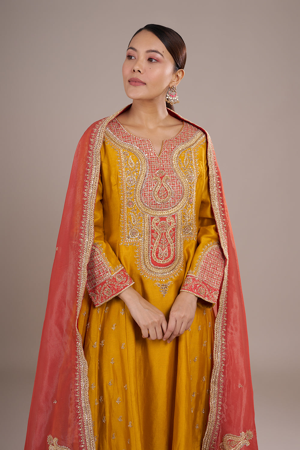 Amber Yellow Silk Anarkali Set with Contrast Coral Zardozi Work