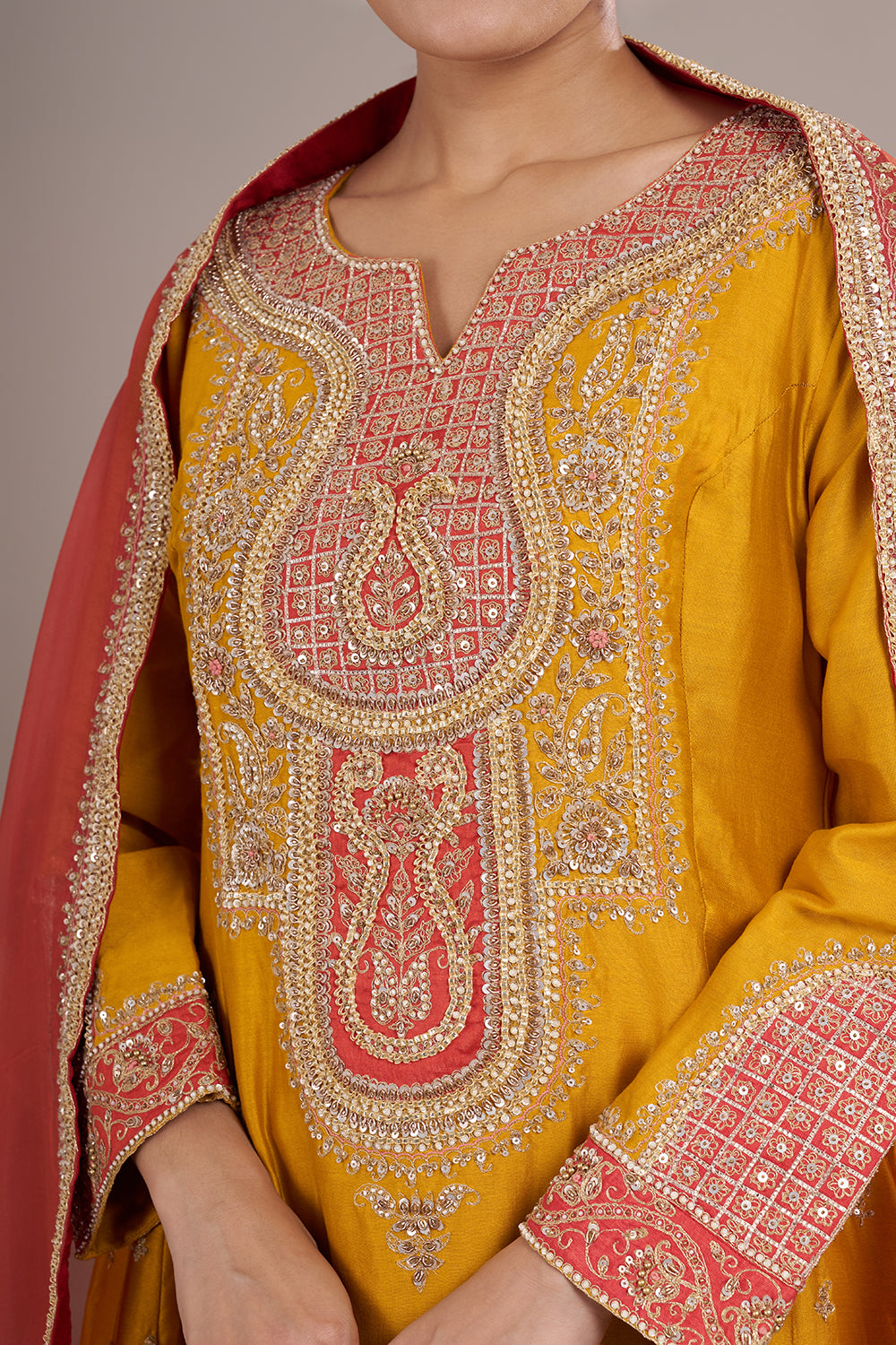 Amber Yellow Silk Anarkali Set with Contrast Coral Zardozi Work