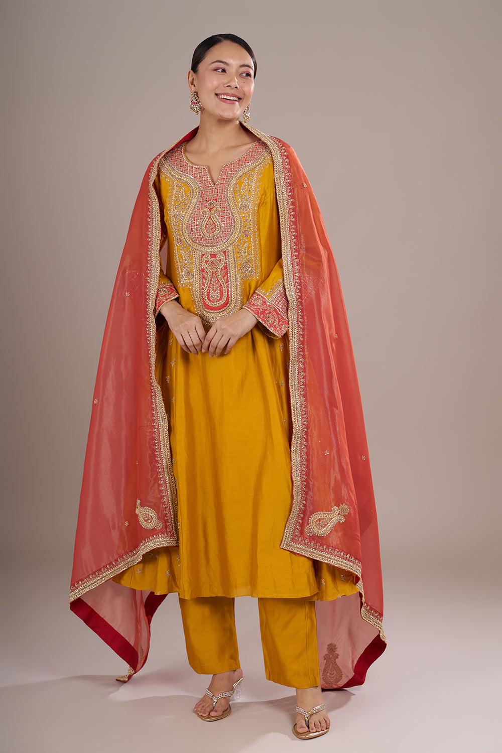 Amber Yellow Silk Anarkali Set with Contrast Coral Zardozi Work
