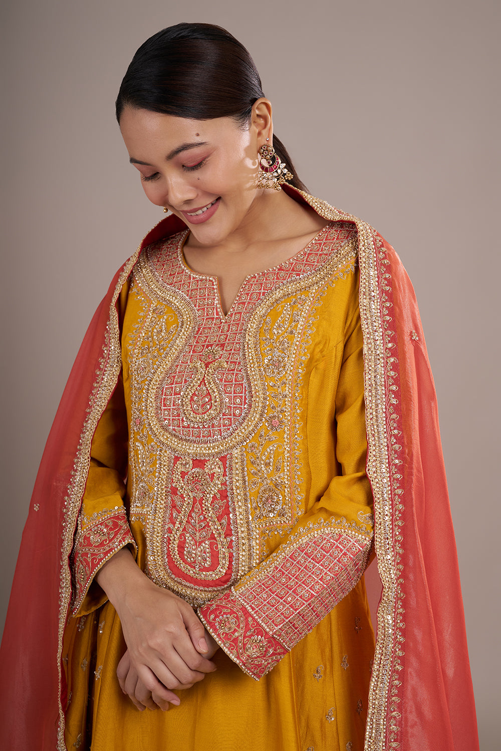 Amber Yellow Silk Anarkali Set with Contrast Coral Zardozi Work