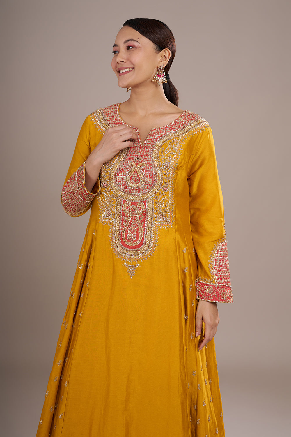 Amber Yellow Silk Anarkali Set with Contrast Coral Zardozi Work