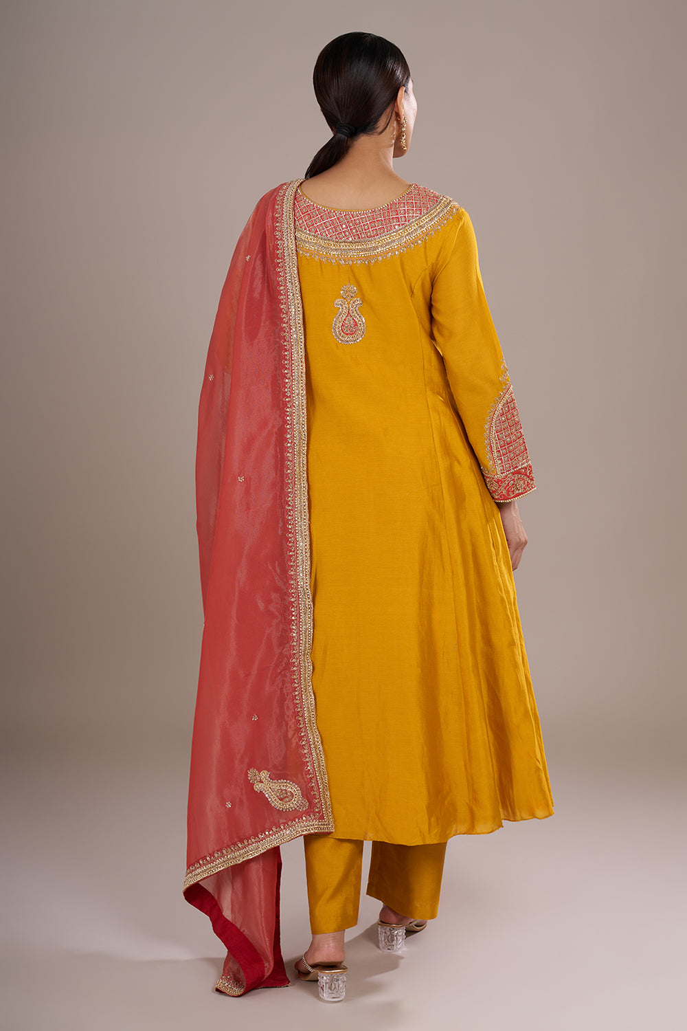 Amber Yellow Silk Anarkali Set with Contrast Coral Zardozi Work