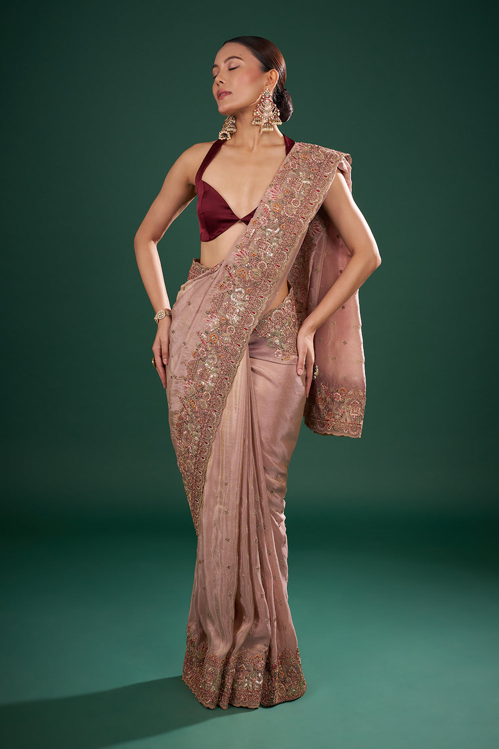 Antique Copper Gold Tissue Saree with Resham Work and Unstitched Blouse