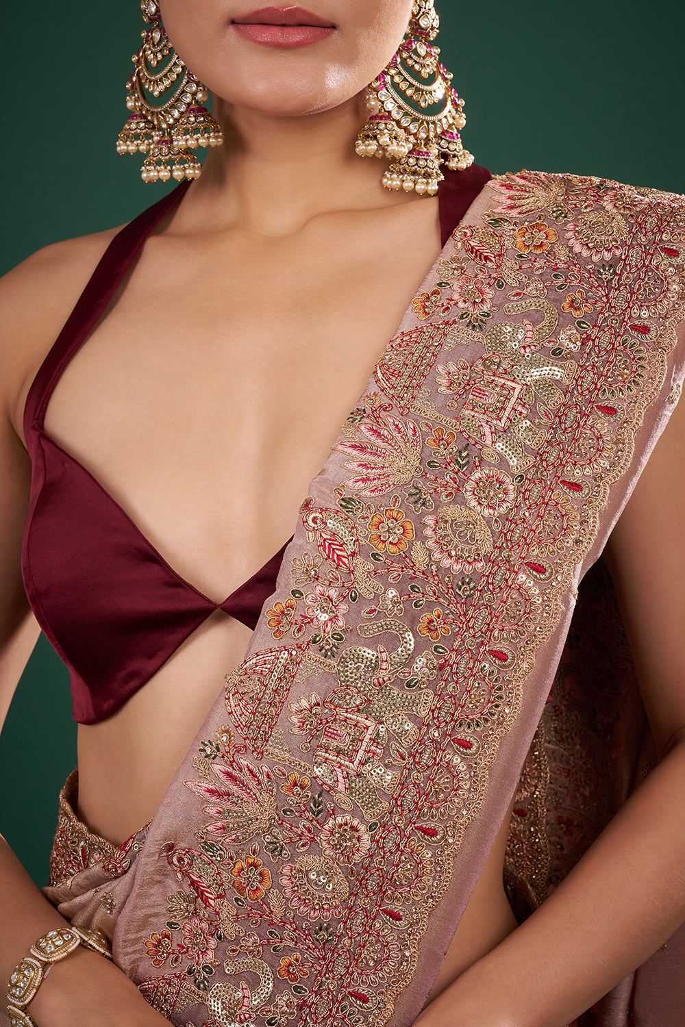 Antique Copper Gold Tissue Saree with Resham Work and Unstitched Blouse
