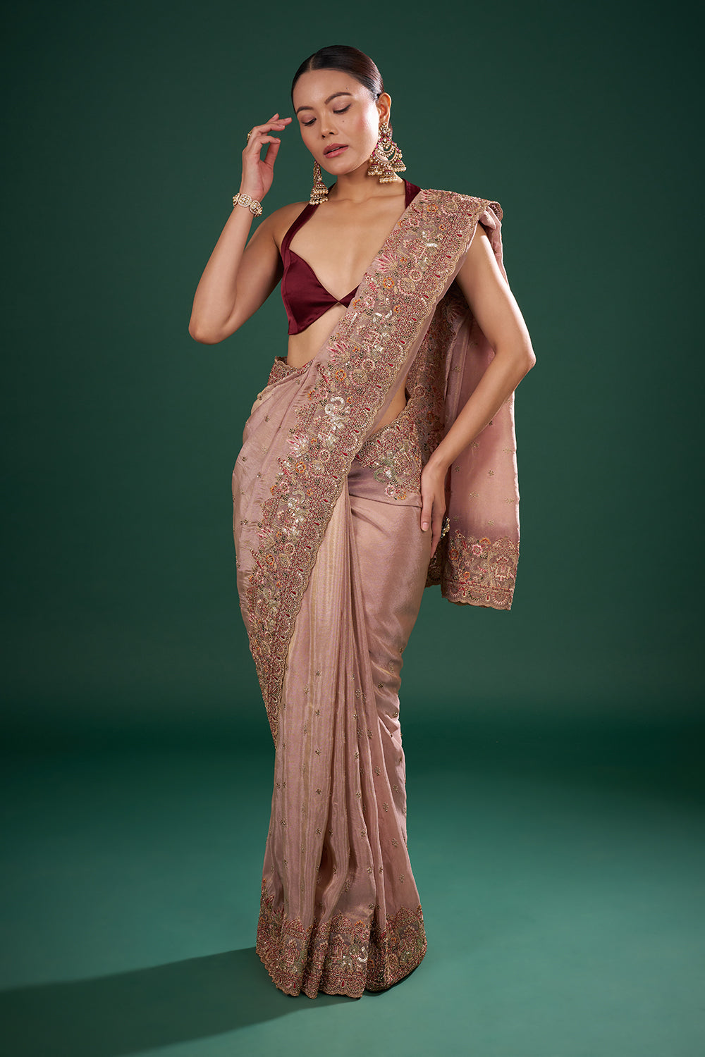 Antique Copper Gold Tissue Saree with Resham Work and Unstitched Blouse