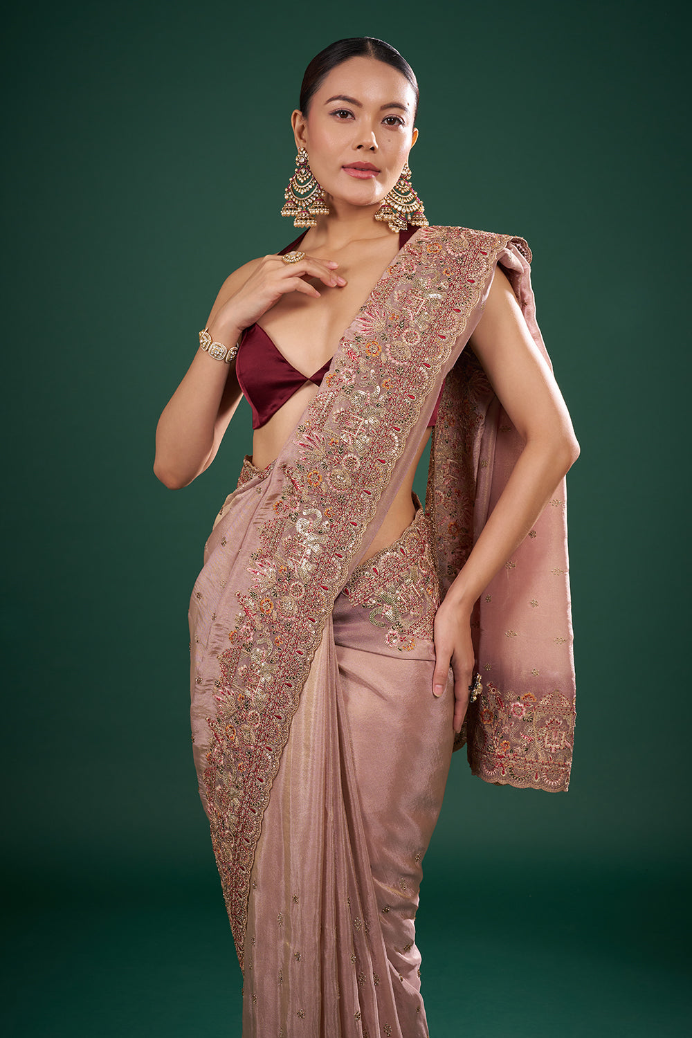 Antique Copper Gold Tissue Saree with Resham Work and Unstitched Blouse