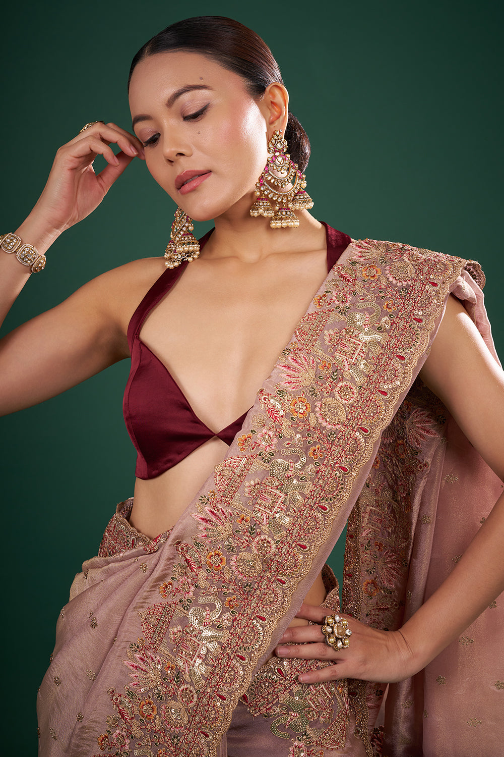 Antique Copper Gold Tissue Saree with Resham Work and Unstitched Blouse