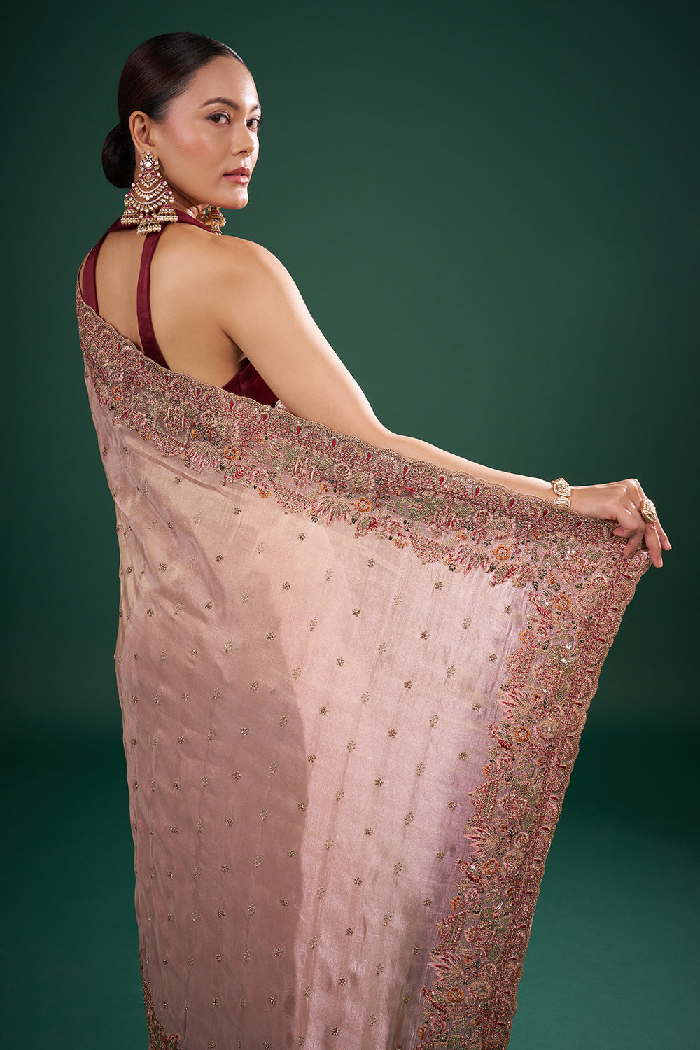 Antique Copper Gold Tissue Saree with Resham Work and Unstitched Blouse