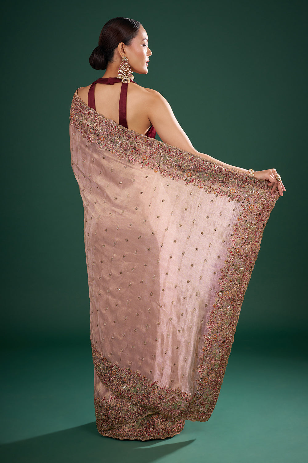 Antique Copper Gold Tissue Saree with Resham Work and Unstitched Blouse