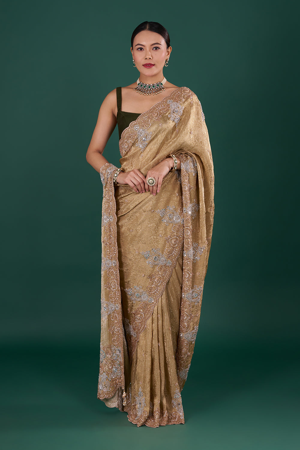Antique Gold Brocade Saree with Cutdana Embroidery