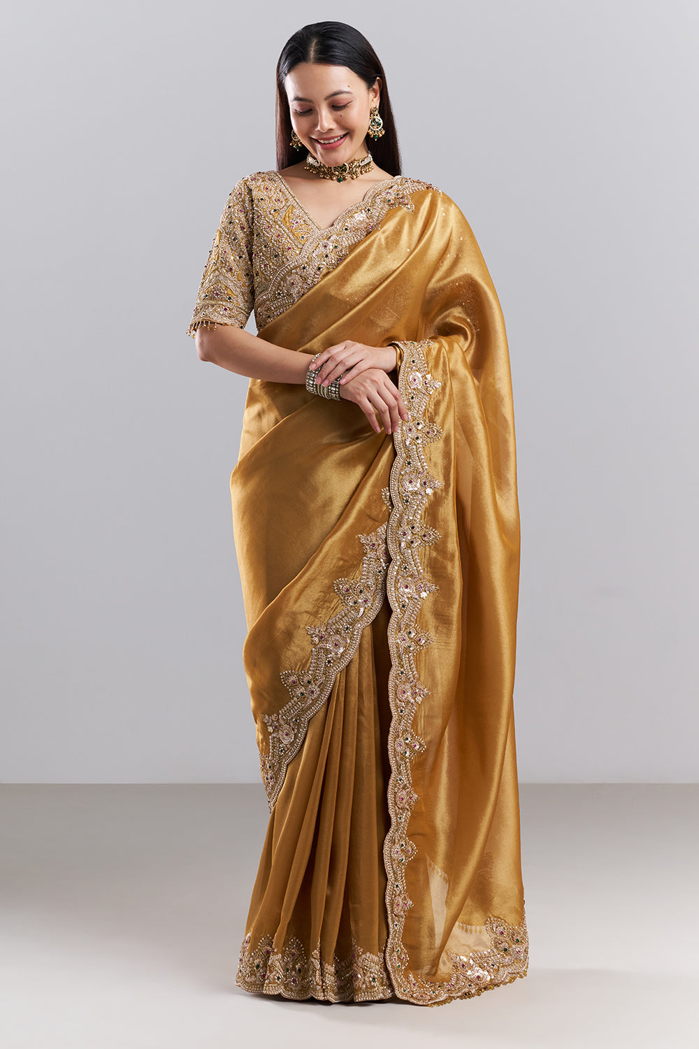 Antique Gold Embellished Border Saree and Stitched Blouse