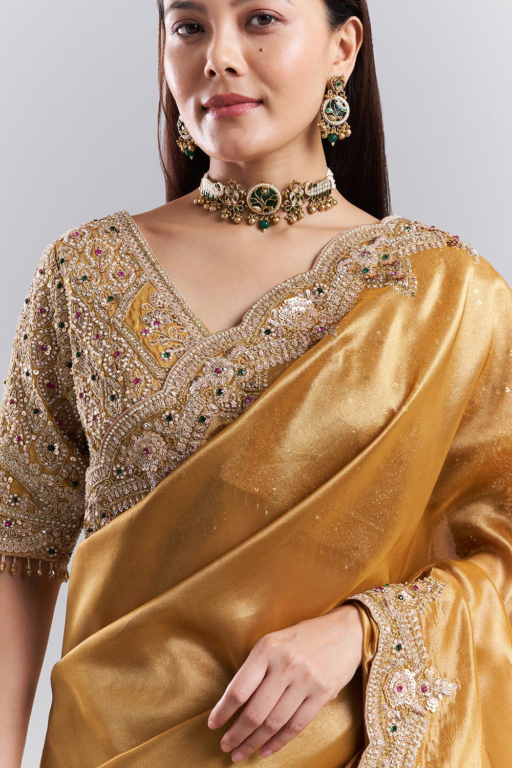 Antique Gold Embellished Border Saree and Stitched Blouse