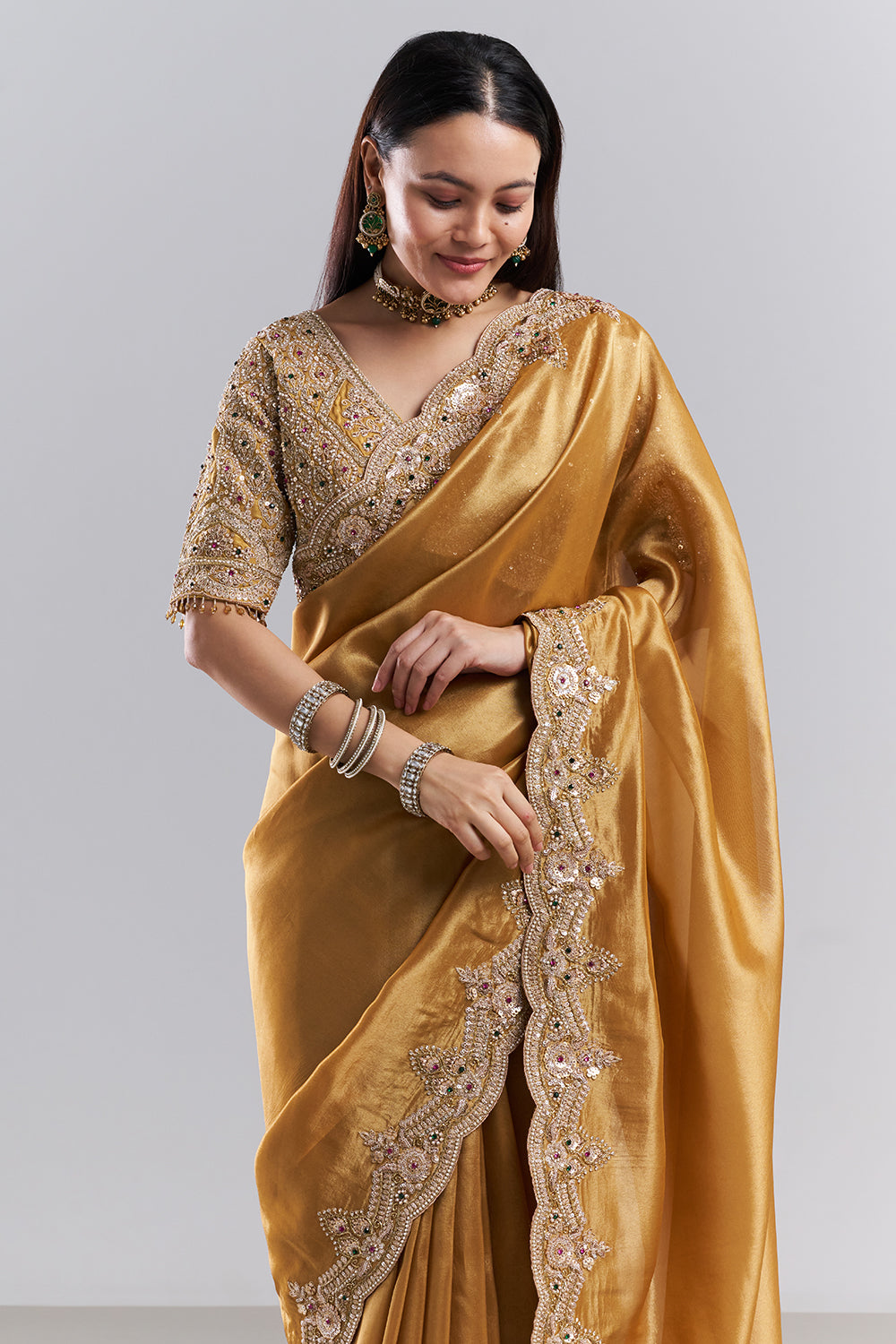 Antique Gold Embellished Border Saree and Stitched Blouse