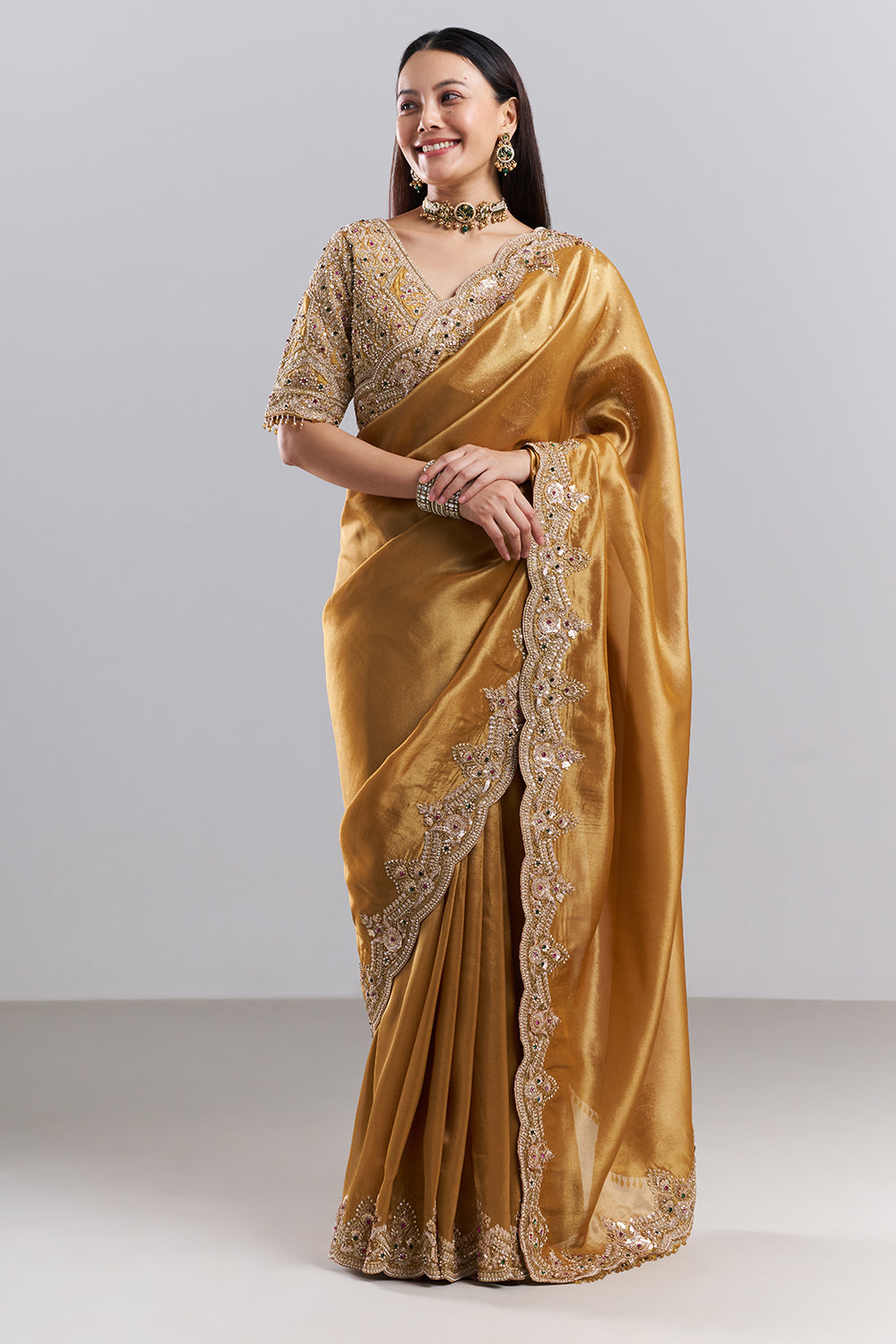 Antique Gold Embellished Border Saree and Stitched Blouse