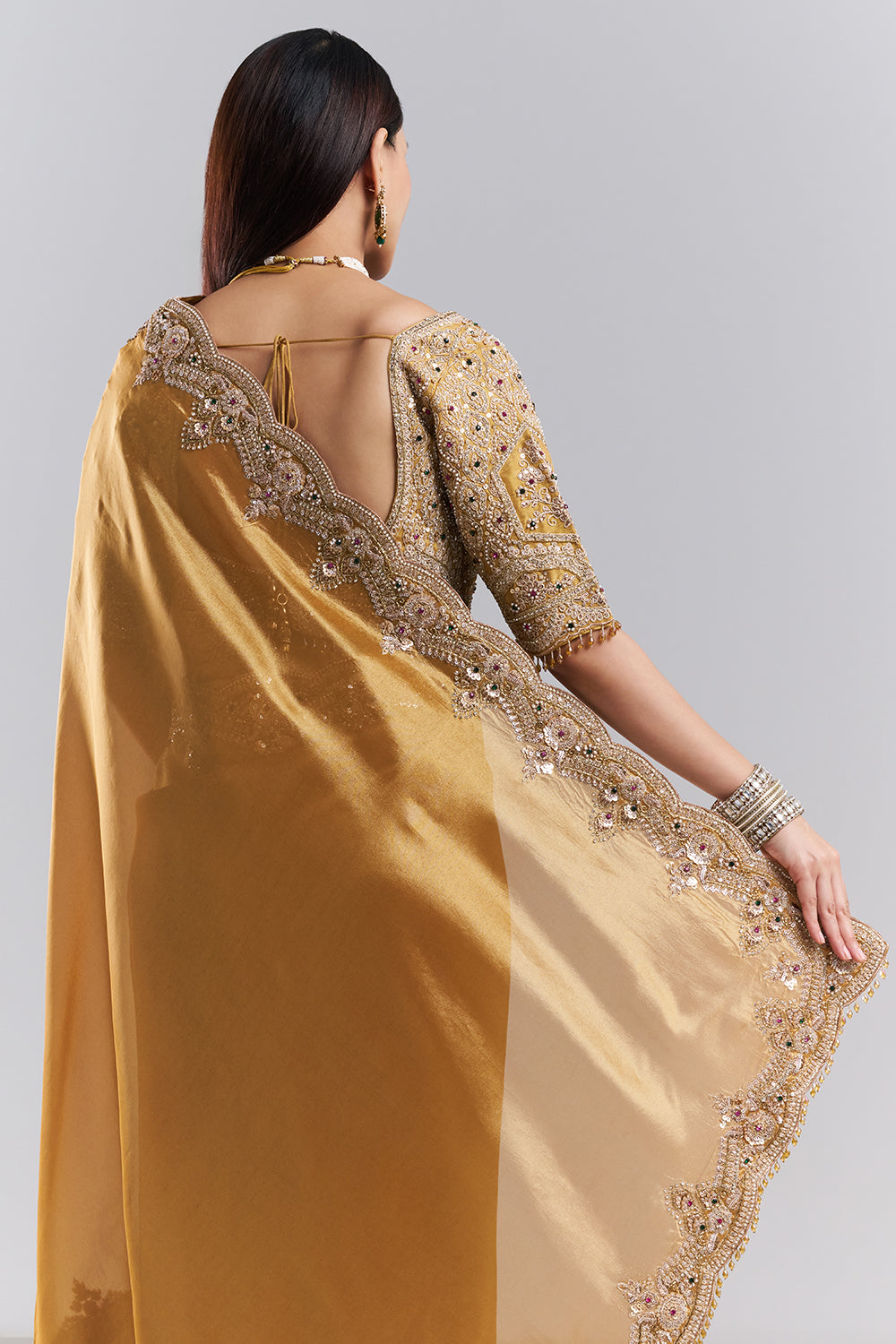 Antique Gold Embellished Border Saree and Stitched Blouse