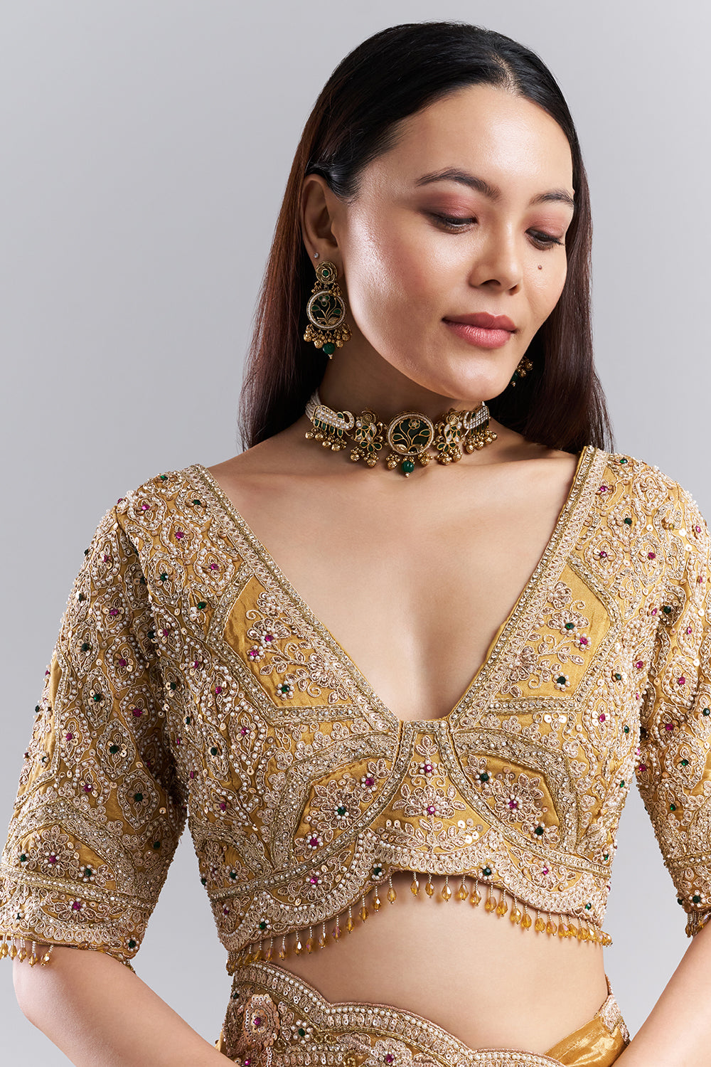 Antique Gold Embellished Border Saree and Stitched Blouse