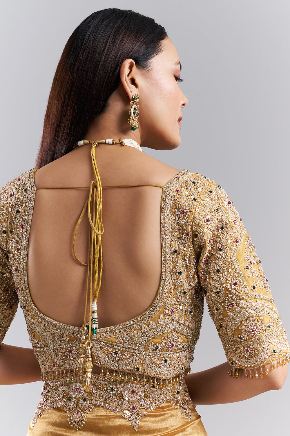 Antique Gold Embellished Border Saree and Stitched Blouse